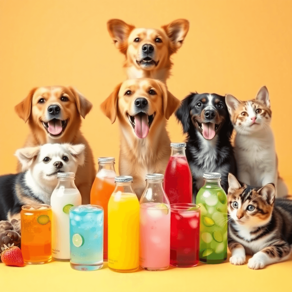 A lively scene featuring colorful pet drink bottles
