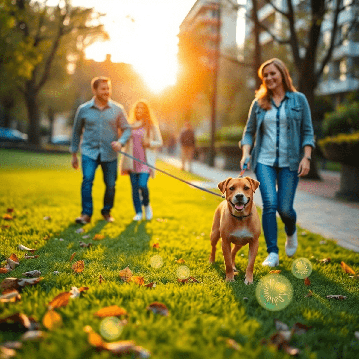 A family walking their dog in a lush green park